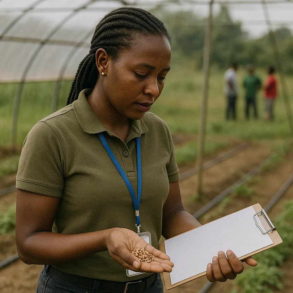 Monitoring officer holding clipboard and handful of seeds at Kenyan demonstration farm with drip irrigation and greenhouse frame visible in background