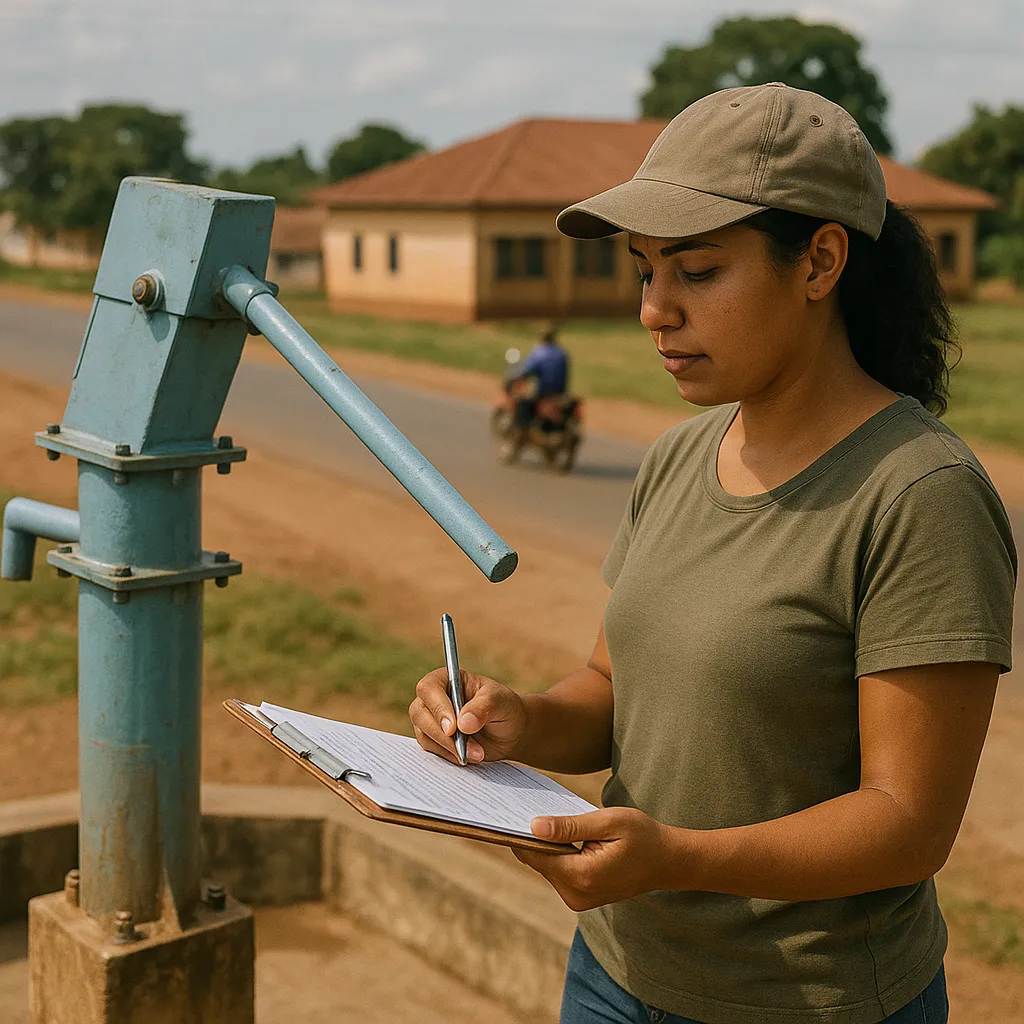 Close up of a female monitoring facilitator hand holding a clipboard next to a newly painted community water pump in a small town in eastern Uganda