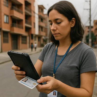 Field enumerator scanning an id card with a tablet on a paved street in Medellin Colombia with apartment buildings and distant pedestrians in background
