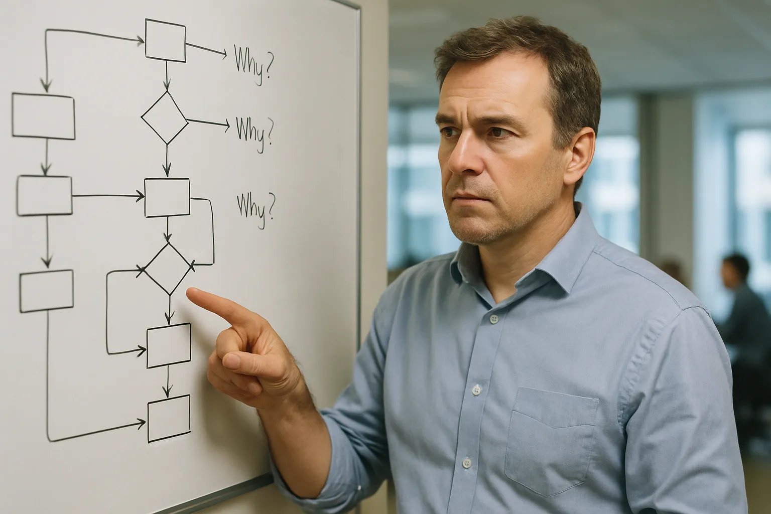 A person looking thoughtfully at a complex flowchart with Why annotations
