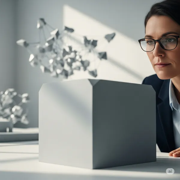 A person looking thoughtfully at a large, single block structure, with a smaller, fragmented structure in the background.