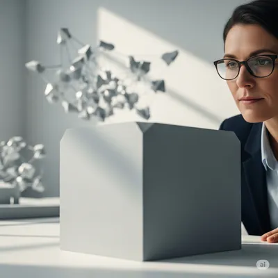 A person looking thoughtfully at a large, single block structure, with a smaller, fragmented structure in the background.