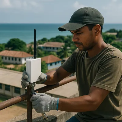 Close up of a monitoring agent hand mounting a small mobile signal booster on a school rooftop in coastal Kenya