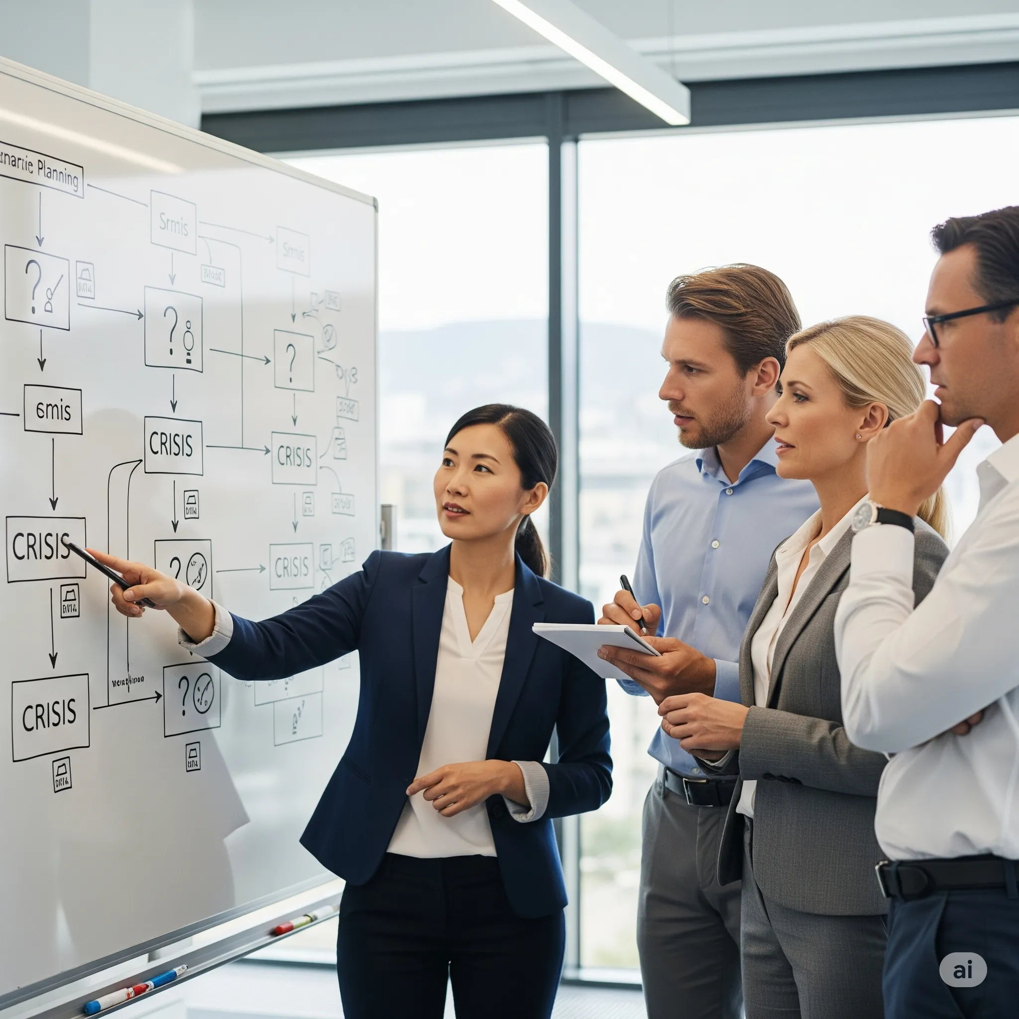 A diverse team in a meeting room, looking at a whiteboard with a crisis scenario flowchart.
