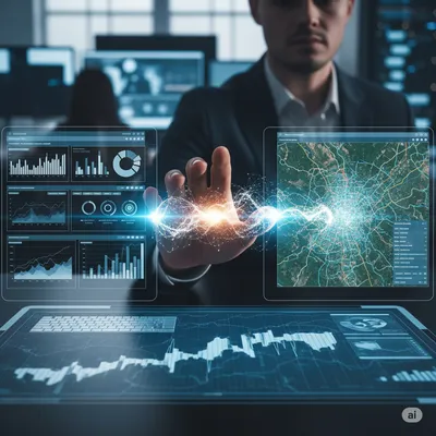 A hand connecting a digital financial report to a satellite map with a glowing line.
