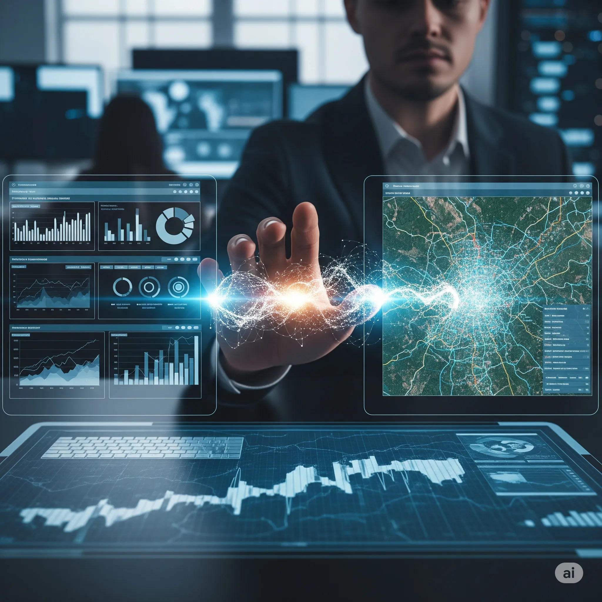 A hand connecting a digital financial report to a satellite map with a glowing line.