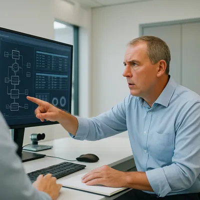 A person pointing to a computer screen during a live system demonstration.