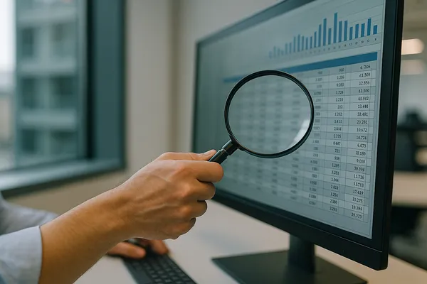A person's hand holding a magnifying glass over complex data on a screen.