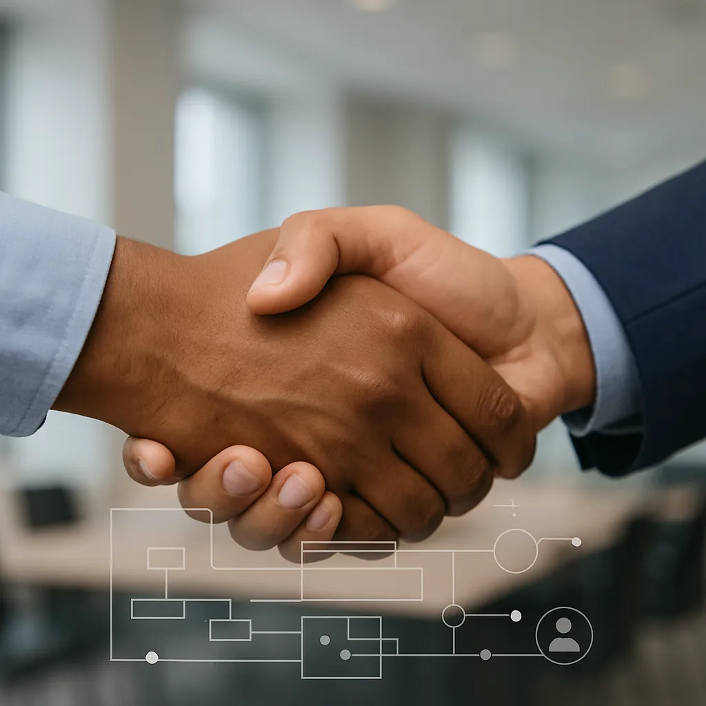 Two hands shaking above a blueprint