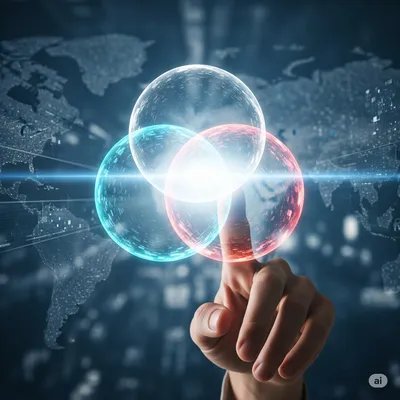 Three interconnected spheres labeled "Humanitarian", "Development", and "Peace", with a hand pointing to their intersection.