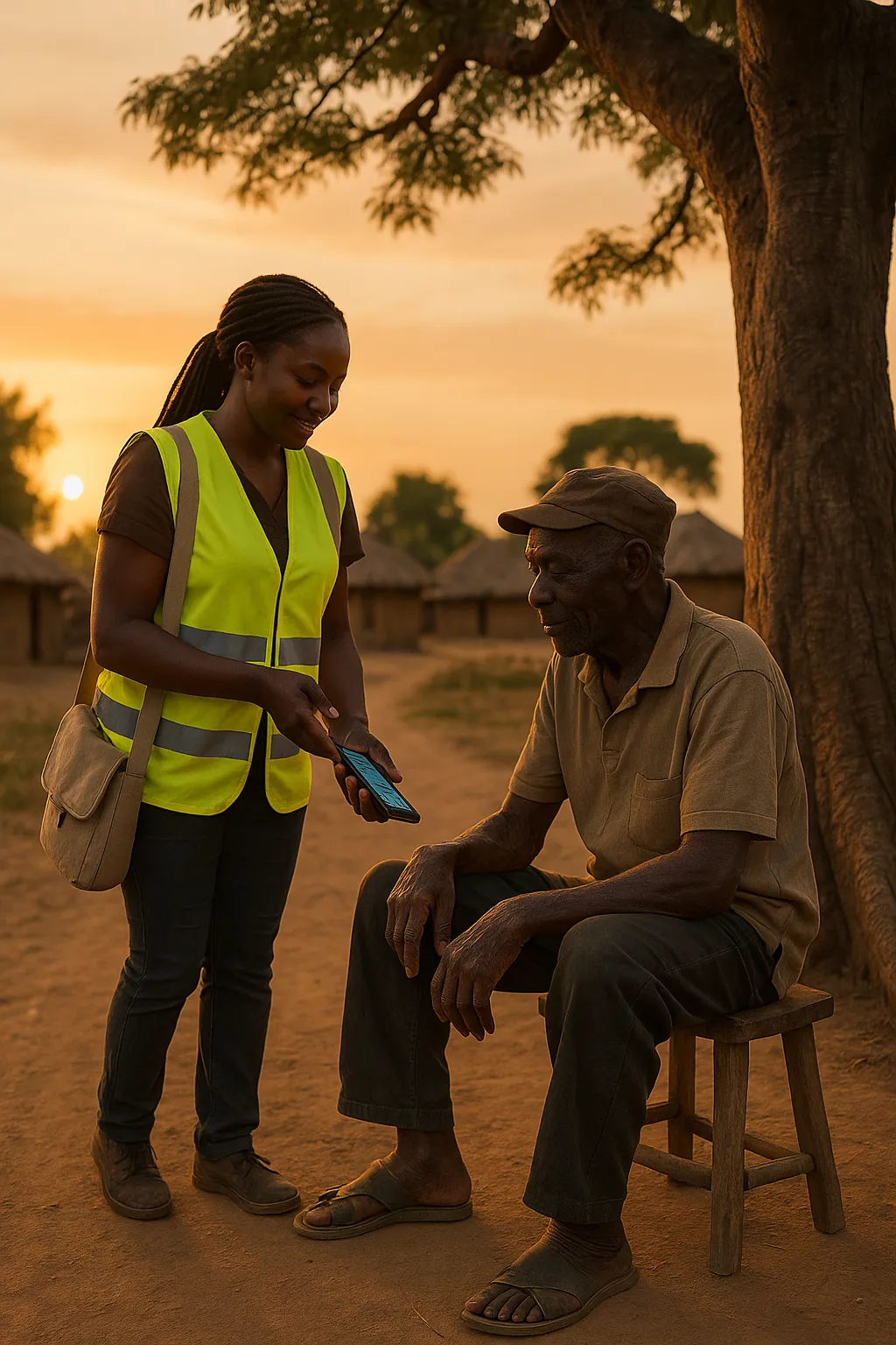 Close up of a local female monitoring officer in a bright vest holding a smartphone showing project data to a community elder under a baobab tree in eastern DR Congo