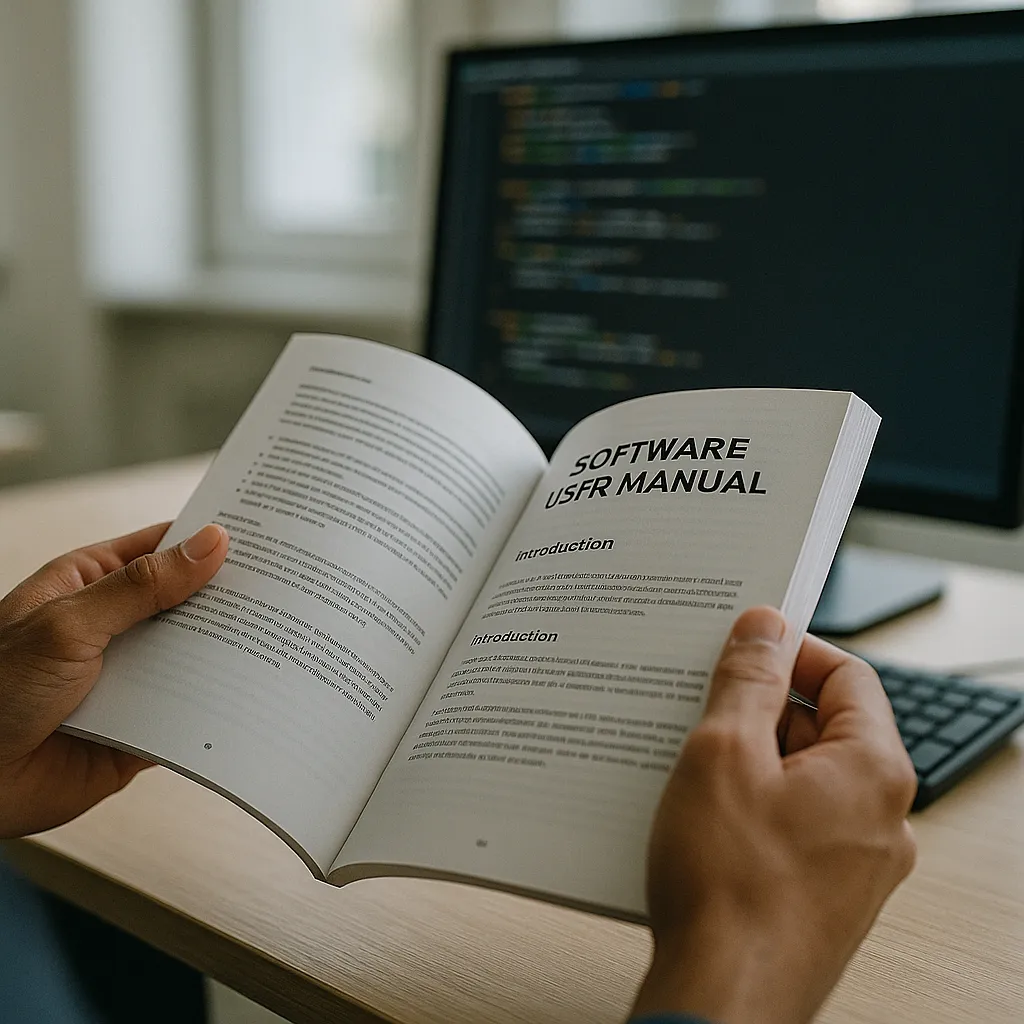A person comparing a software user manual with complex code on a screen.