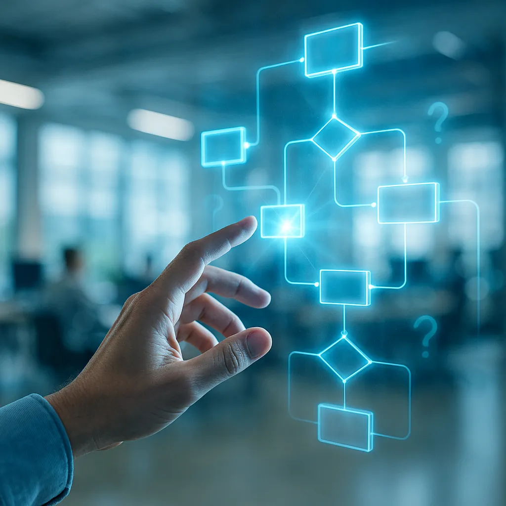 A person's hand reaching towards a holographic interface showing transparent, interconnected data and processes.