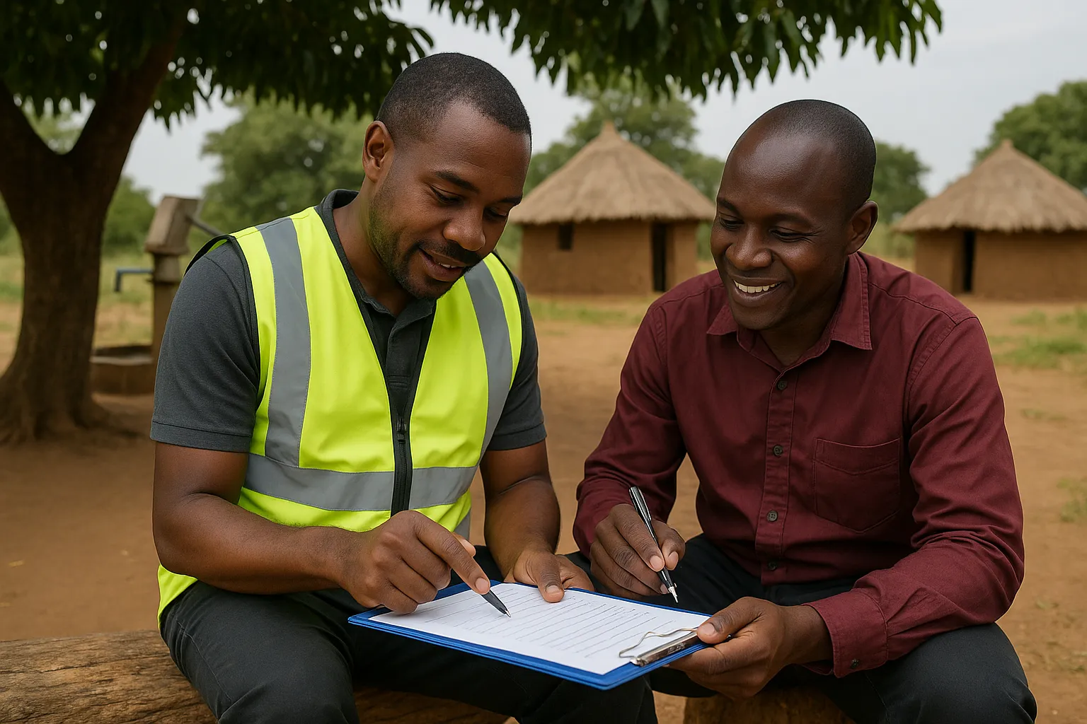 Close up of a local monitoring officer hand holding a clipboard with handwritten notes and sharing it with a community project coordinator under a mango tree in northern Uganda