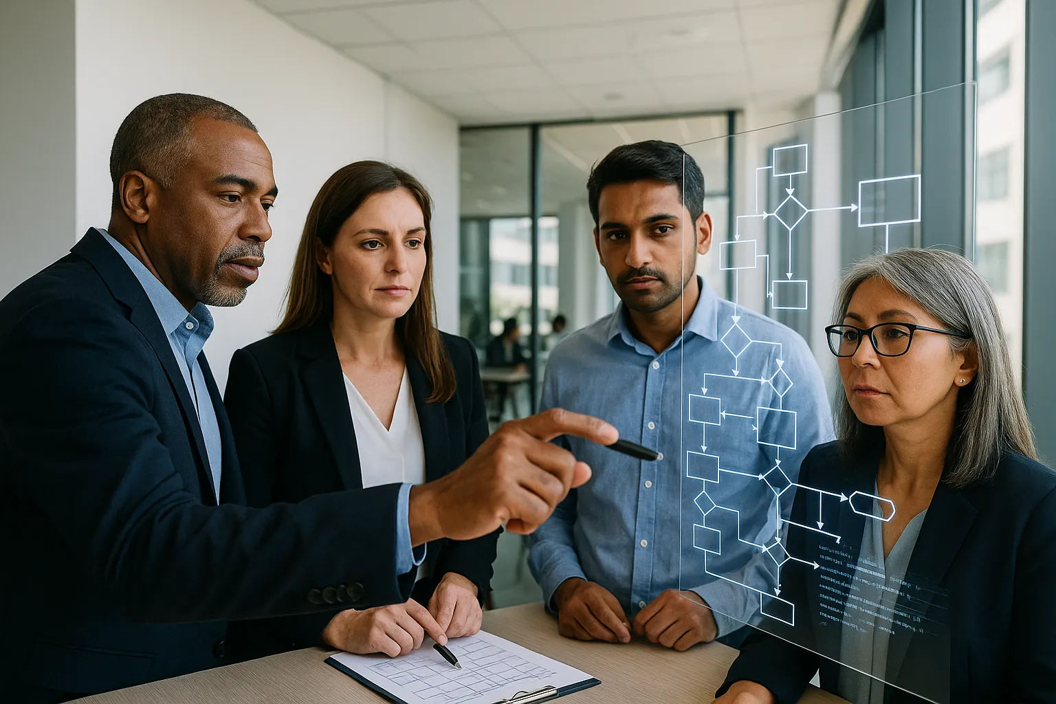 A diverse group of professionals looking at a complex digital diagram of an algorithm.