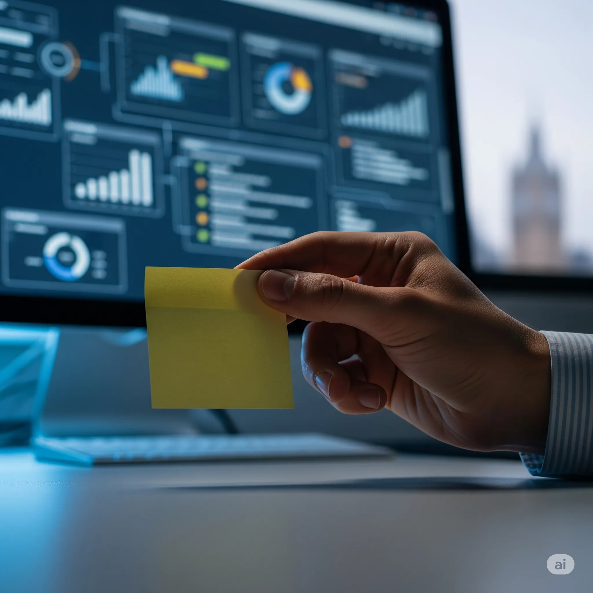 A hand holding a sticky note with a password, with a blurred digital workflow in the background.
